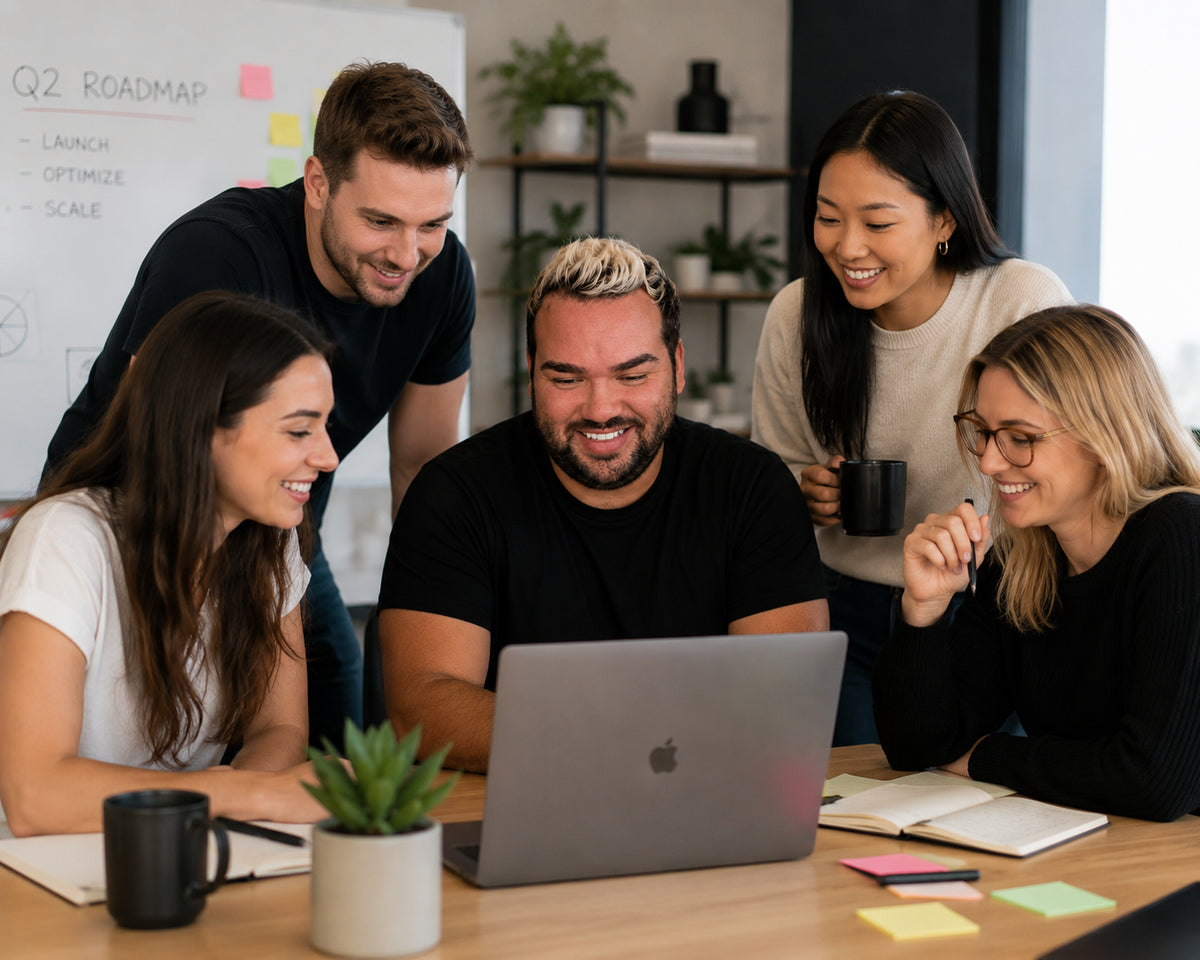 Viber team collaborating around a laptop